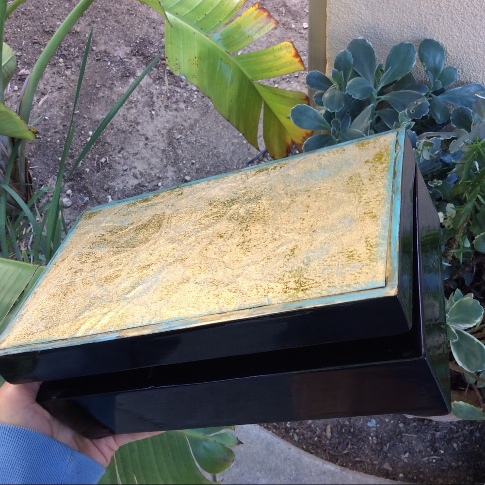 NEW Gold Blue Wooden Jewelry Box/Anthropologie Bag - Picture 5 of 10